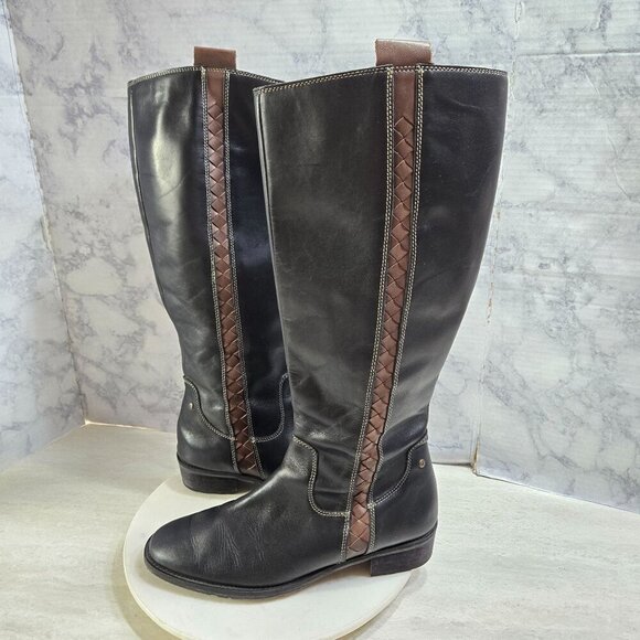 Pikolinos Garda Riding Boots Womens 41 US 10.5-11 Black Leather Brown Braid Trim - Picture 2 of 16